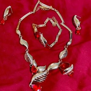New Gold and Red jeweled Necklace and Earring set.